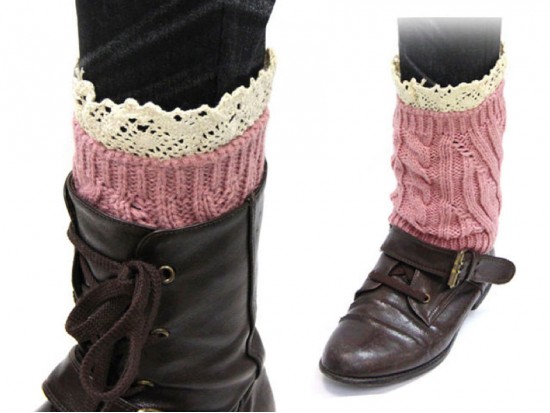 Pink Knit Boot Topper Crochet Lace Trim