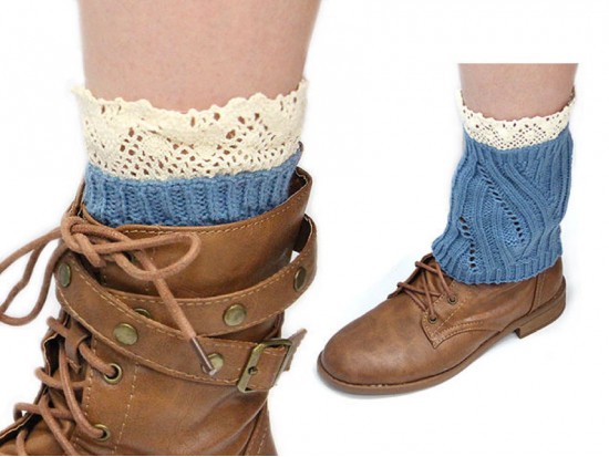 Turquoise Knit Boot Topper Crochet Lace Trim