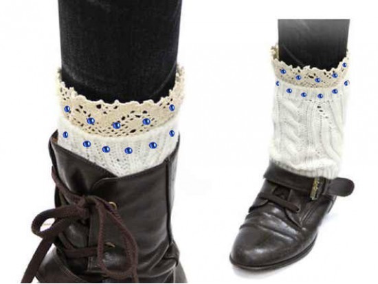Blue White Knit Boot Topper Crystal Lace Trim
