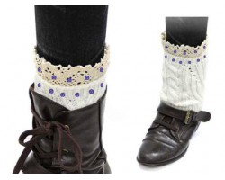 Purple White Knit Boot Topper Crystal Lace Trim