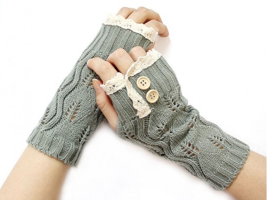 Gray Knit Lace Edge Button Hand Arm Warmer