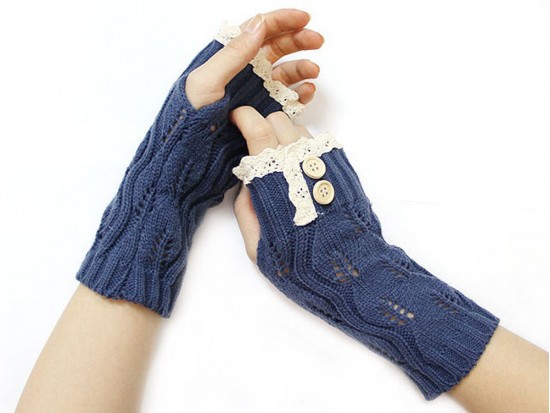 Navy Blue Knit Lace Edge Button Hand Arm Warmer