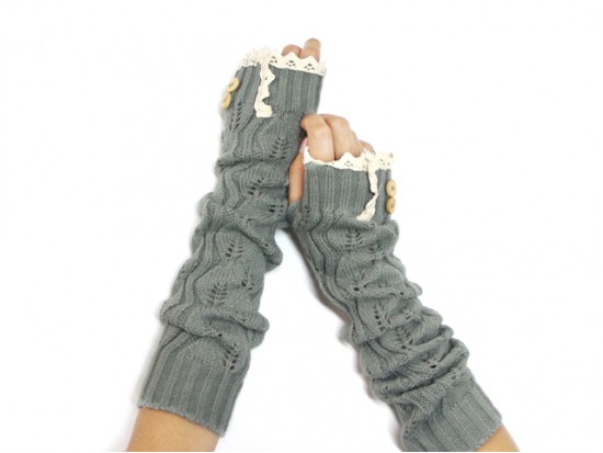 Gray Knit Lace Button Long Arm Warmer