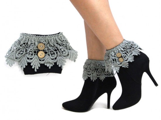 Gray Lace Buttons Knit Boot Toppers