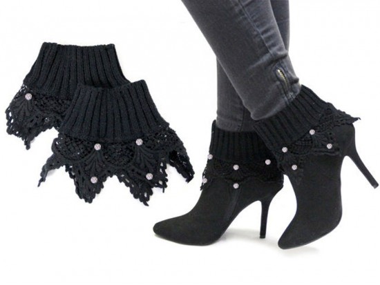 Black Lace Knit Crystal Boot Toppers