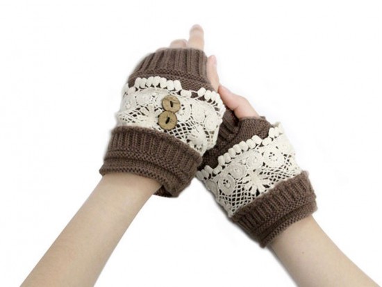 Brown Knit White Lace Hand Warmers 2 Buttons Brown Knit White Lace Hand Warmers 2 Buttons