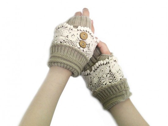 Khaki Knit White Lace Hand Warmers 2 Buttons
