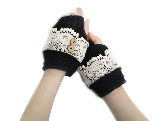 Black Knit White Lace Crystal Hand Warmers 2 Buttons