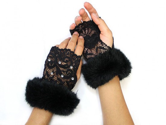 Black Fur Crystal Lace Hand Warmers