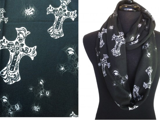 Black White Cross Filigree Knit Infinity Loop Scarf