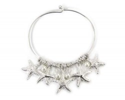 Silver Pearl Starfish Charm Wire Bracelet