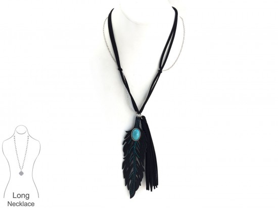 Black Turquoise Leather Feather Necklace