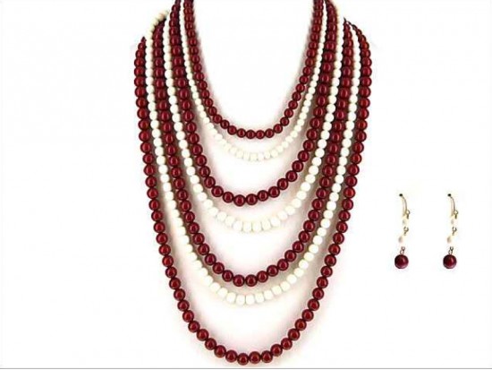 Dark Red White 7 Strand Necklace Set