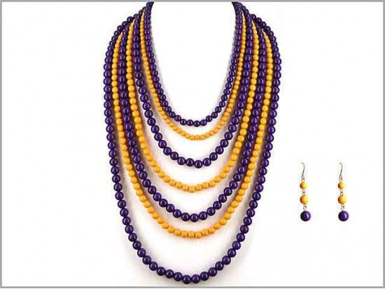 Purple Yellow 7 Strand Necklace Set