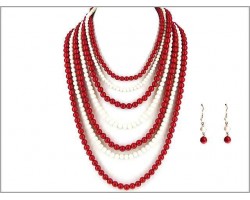 Red White 7 Strand Necklace Set