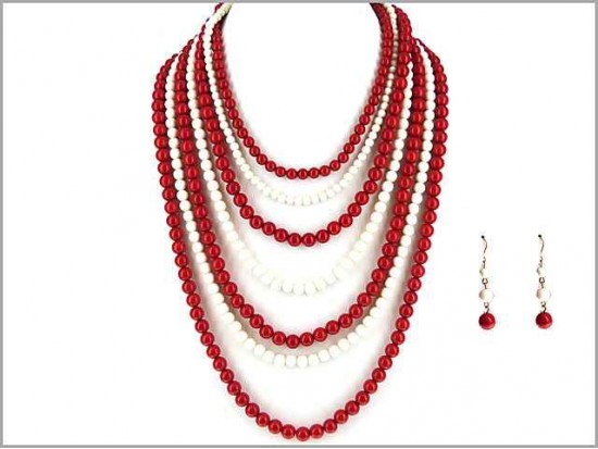 Red White 7 Strand Necklace Set