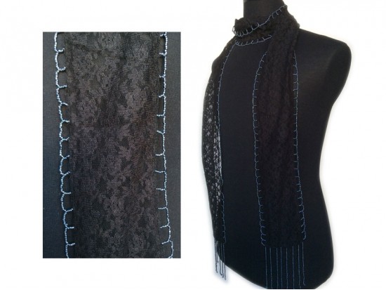 Black Lace Gray Seed Bead Oblong Scarf