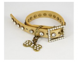 15" Gold Leather Clear Crystal Studded Dog Collar
