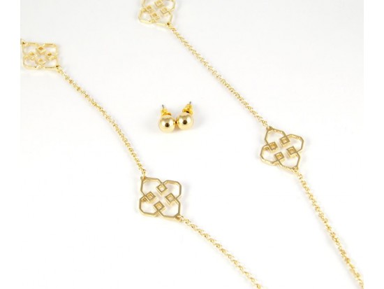 36" Square Clover Gold Plate Chain Necklace Set