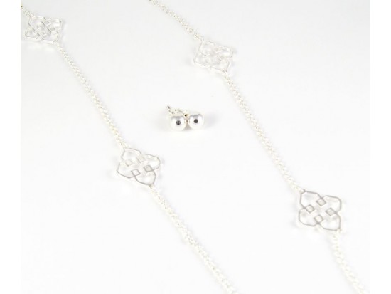 36" Square Clover Silver Plate Chain Necklace Set