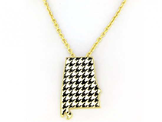 Alabama Black & White Houndstooth State Map Gold Necklace