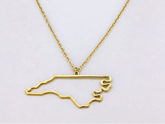 North Carolina State Map Open Cut Gold Plate Necklace