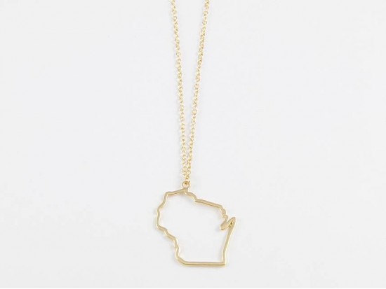 Wisconsin State Map Open Cut Gold Plate Necklace