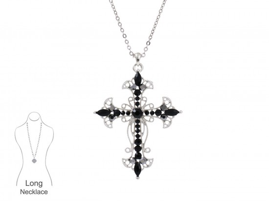 Jet Crystal Open Cut Filigree Cross Chain Necklace Jet Crystal Open Cut Filigree Cross Chain Necklace