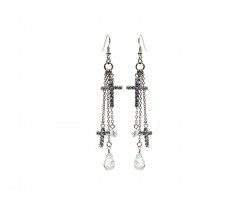 Silver Clear Crystal Cross Charms Hook Earrings