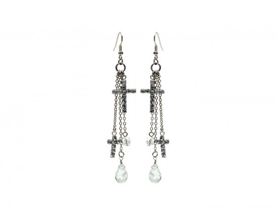 Silver Clear Crystal Cross Charms Hook Earrings Silver Clear Crystal Cross Charms Hook Earrings