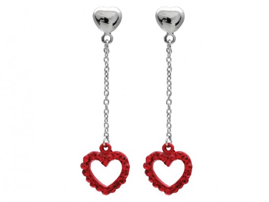 Red Crystal Open Cut Heart Dangle Post Earrings