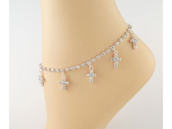 Clear Crystal Cross Dangle Silver Plate Anklet