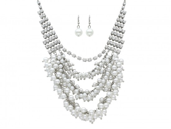 Clear Crystal Pearl Drop Tiered Necklace Set