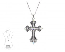 Silver Plate Filigree Cross with Crystals Necklace