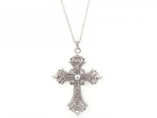 Hematite Plate Filigree Cross with Crystals Necklace