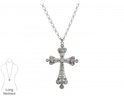 Silver Plate Crown Shaped Cross with Clear Crystal Necklace