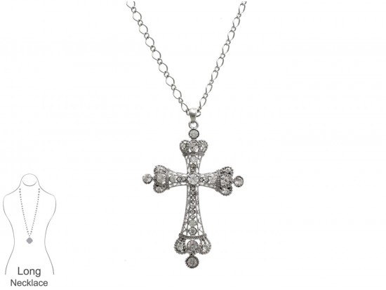 Silver Plate Crown Shaped Cross with Clear Crystal Necklace