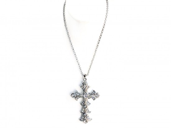 Silver Flower Petal Cross Crystal Necklace