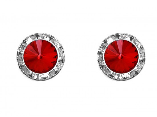 Red Siam Crystal Rivoli Round Silver Post Earrings