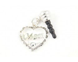 Mom Cut Out Heart Antique Silver Charm Crystal Phone Plug