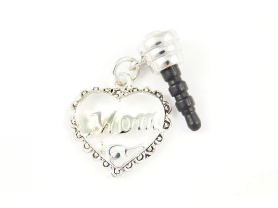 Mom Cut Out Heart Antique Silver Charm Crystal Phone Plug