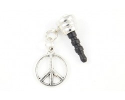 Peace Sign Antique Silver Charm Crystal Phone Plug