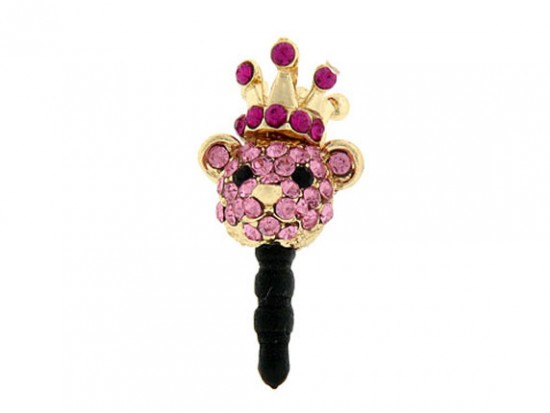 Light Rose Gold Bear Head With Fuchsia Crystal Phone Plug