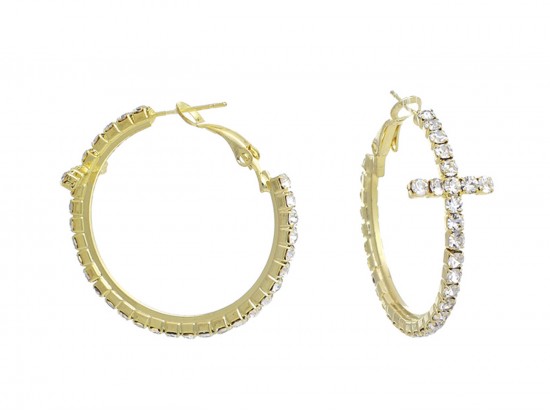 Gold Plate Crystal Cross Hoop Earrings