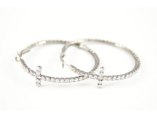 50mm Gunmetal Crystal Cross Hoop Earring 50mm Gunmetal Crystal Cross Hoop Earring