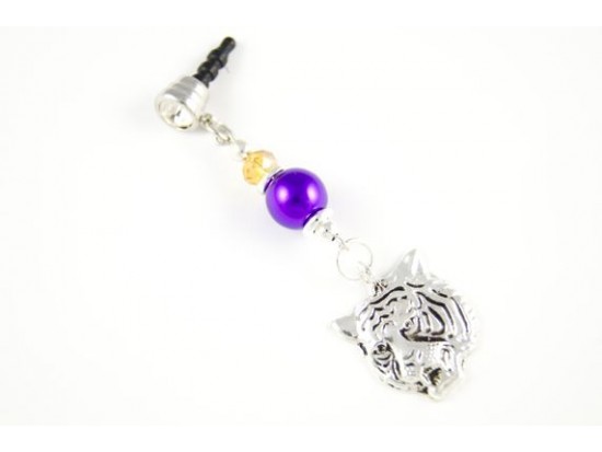 LSU Purple and Gold Tiger Head Silver Phone Plug Charm LSU Purple and Gold Tiger Head Silver Phone Plug Charm