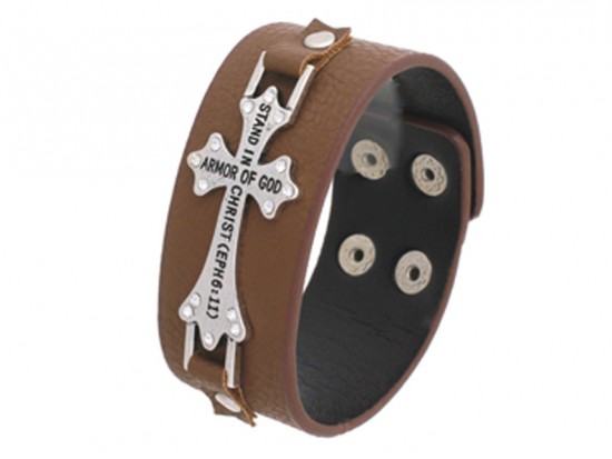 Brown Silver Crystal Cross Ephesians 6:11 Wrap Bracelet