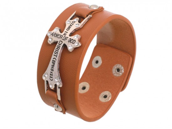 Light Brown Silver Crystal Cross Ephesians 6:11 Wrap Bracelet