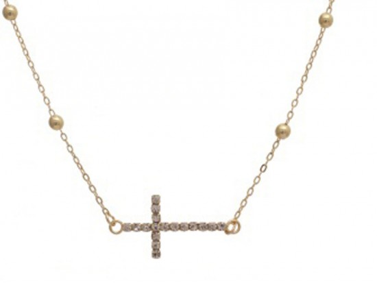 Gold Plate Bead & Clear Crystal Cross Chain Necklace