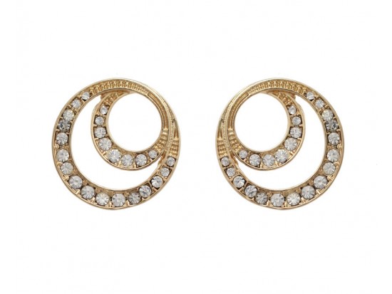 Gold Round Cut Out Crystal Post Earrings